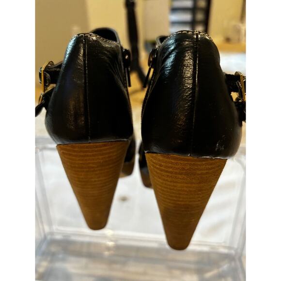 Steve Madden Black Open Toe Pumps chunky cork style 9.5 biker buckles y2k - Picture 4 of 8